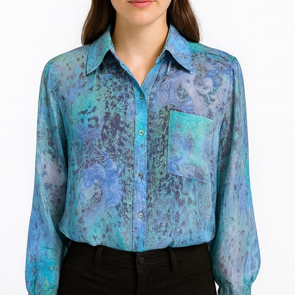 Hilton Hollis Tops - Hilton Hollis Silk Blue Watercolor Top
